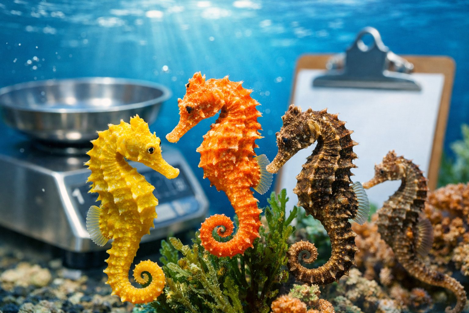 Several seahorses underwater in clear blue water with light filtering through, near a scale and clipboard.