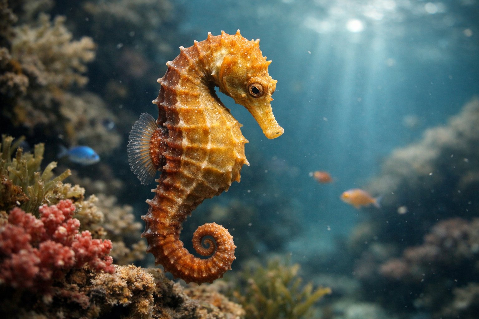A solitary seahorse floating near a coral reef underwater, surrounded by small fish and sea plants.