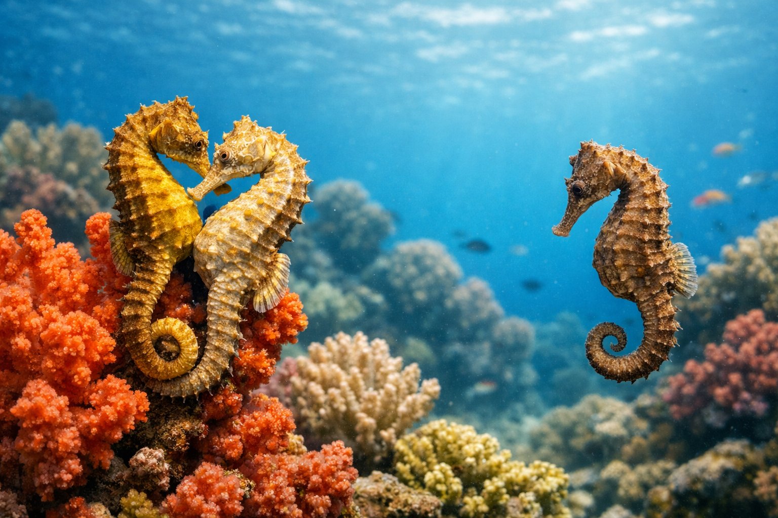 Two seahorses underwater near colorful coral, one appearing alone while the other is nearby.
