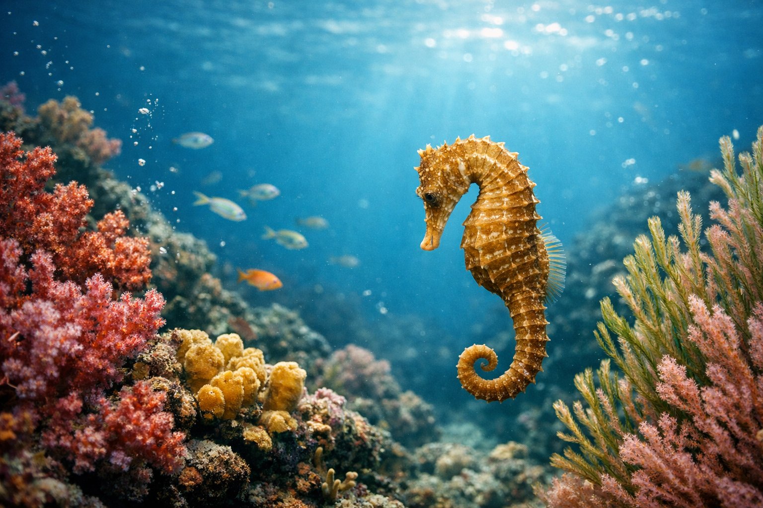 A solitary seahorse floating near colorful coral and sea plants underwater.