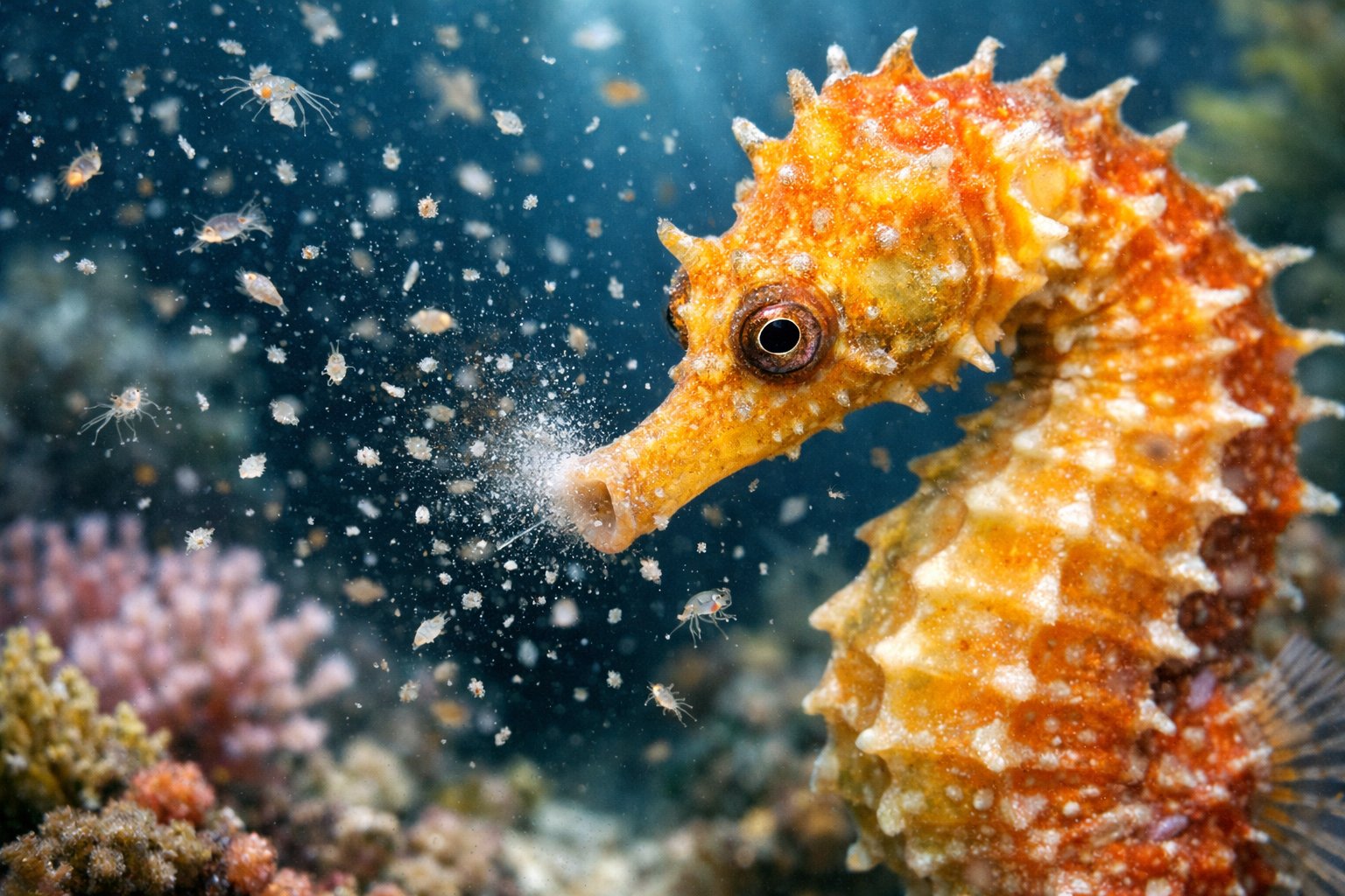 A seahorse underwater feeding on tiny plankton near a coral reef.