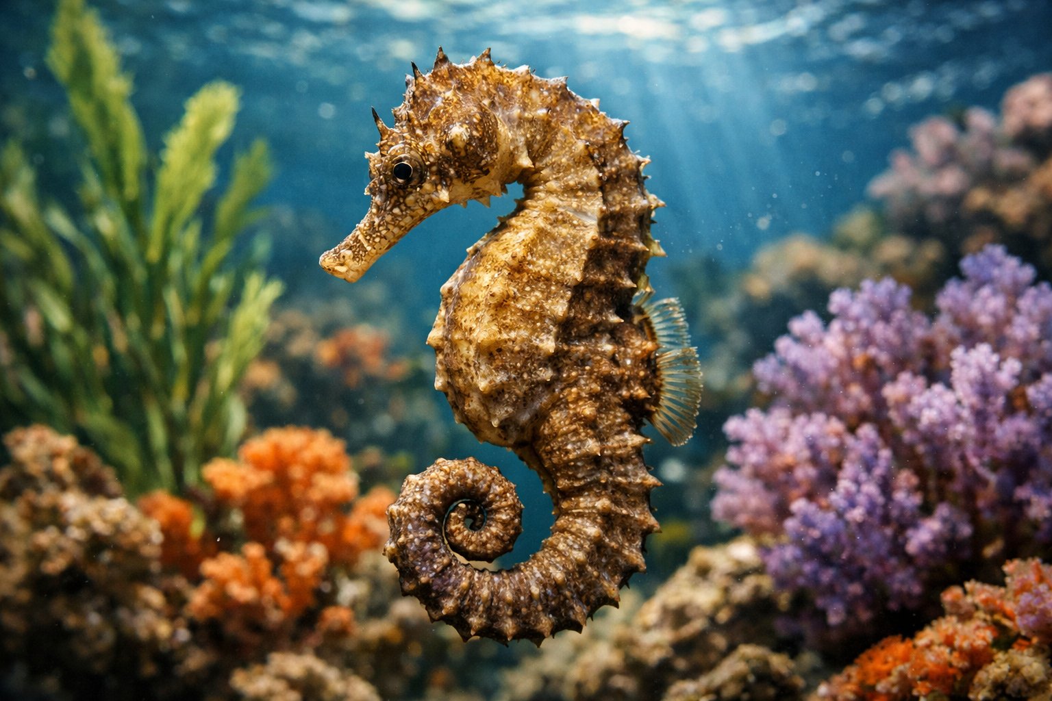Close-up underwater view of a seahorse among colorful aquatic plants and coral.