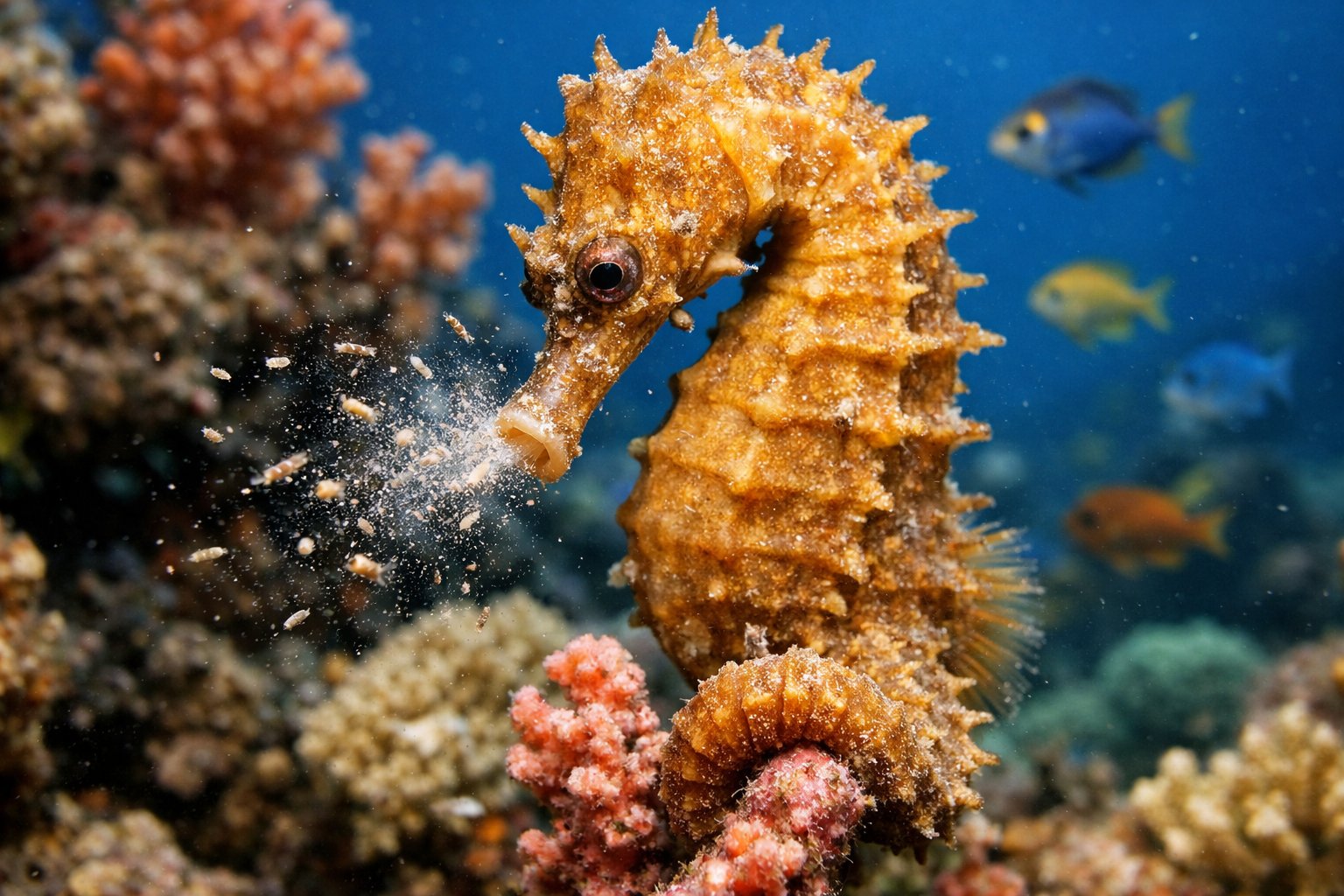 A seahorse underwater, using its snout to feed near coral in a clear blue ocean.