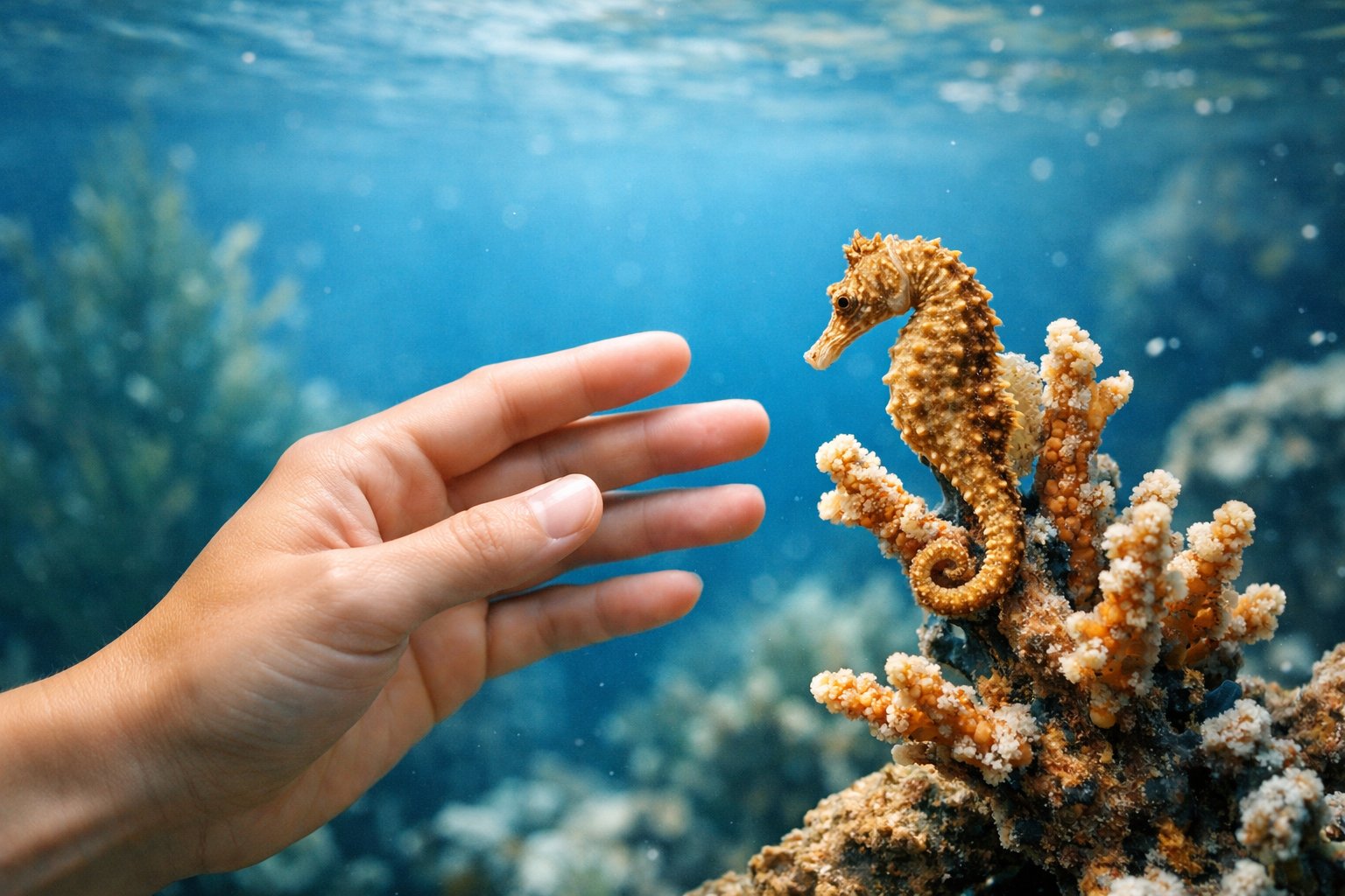 A human hand gently reaching towards a small seahorse underwater among coral and aquatic plants.