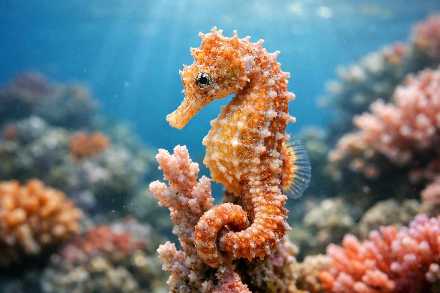 A close-up of a seahorse clinging to coral underwater with a blurred coral reef background.
