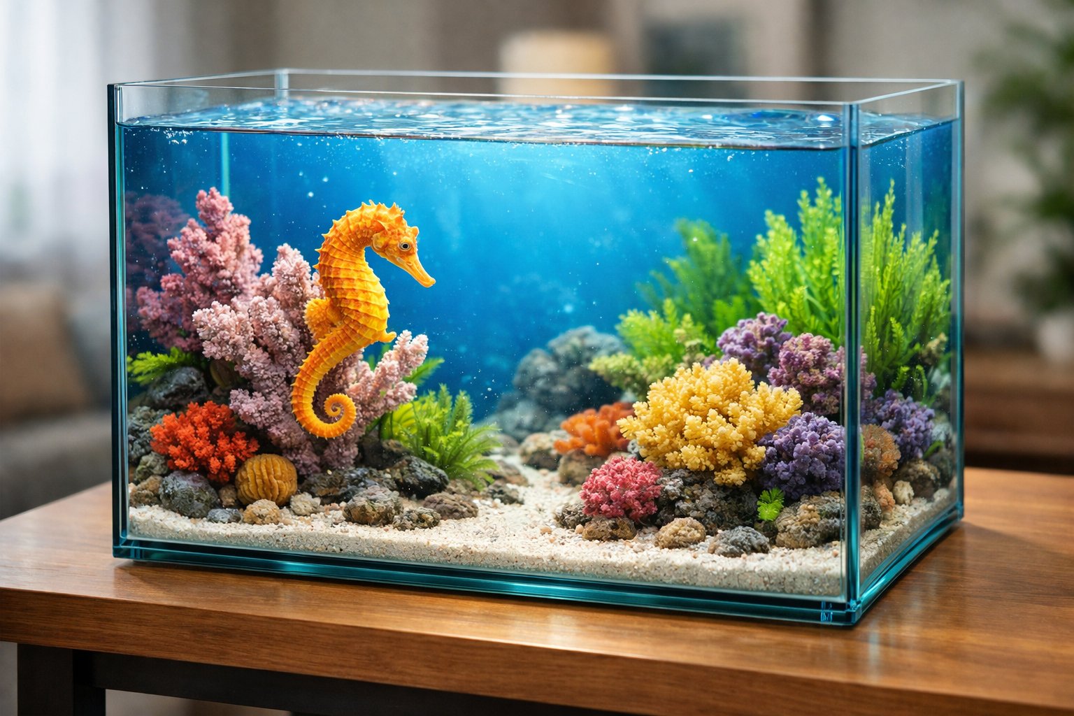 A seahorse swimming inside a clear glass aquarium with coral and aquatic plants on a wooden table indoors.