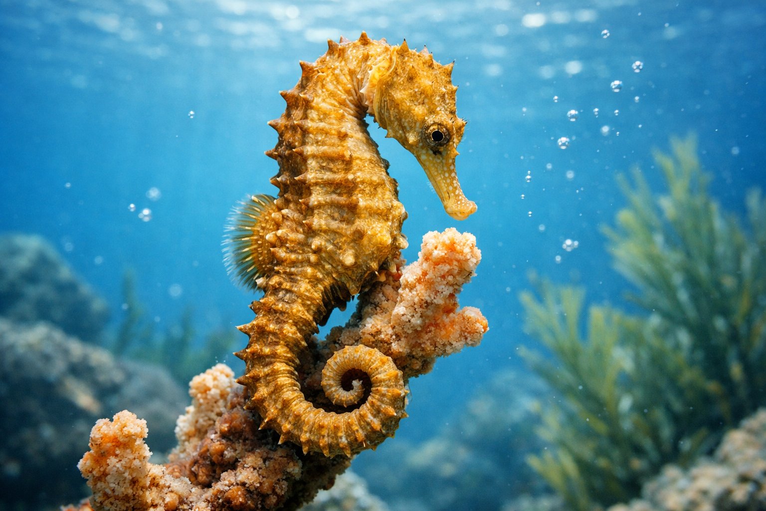 A close-up of a pet seahorse clinging to coral underwater surrounded by aquatic plants.