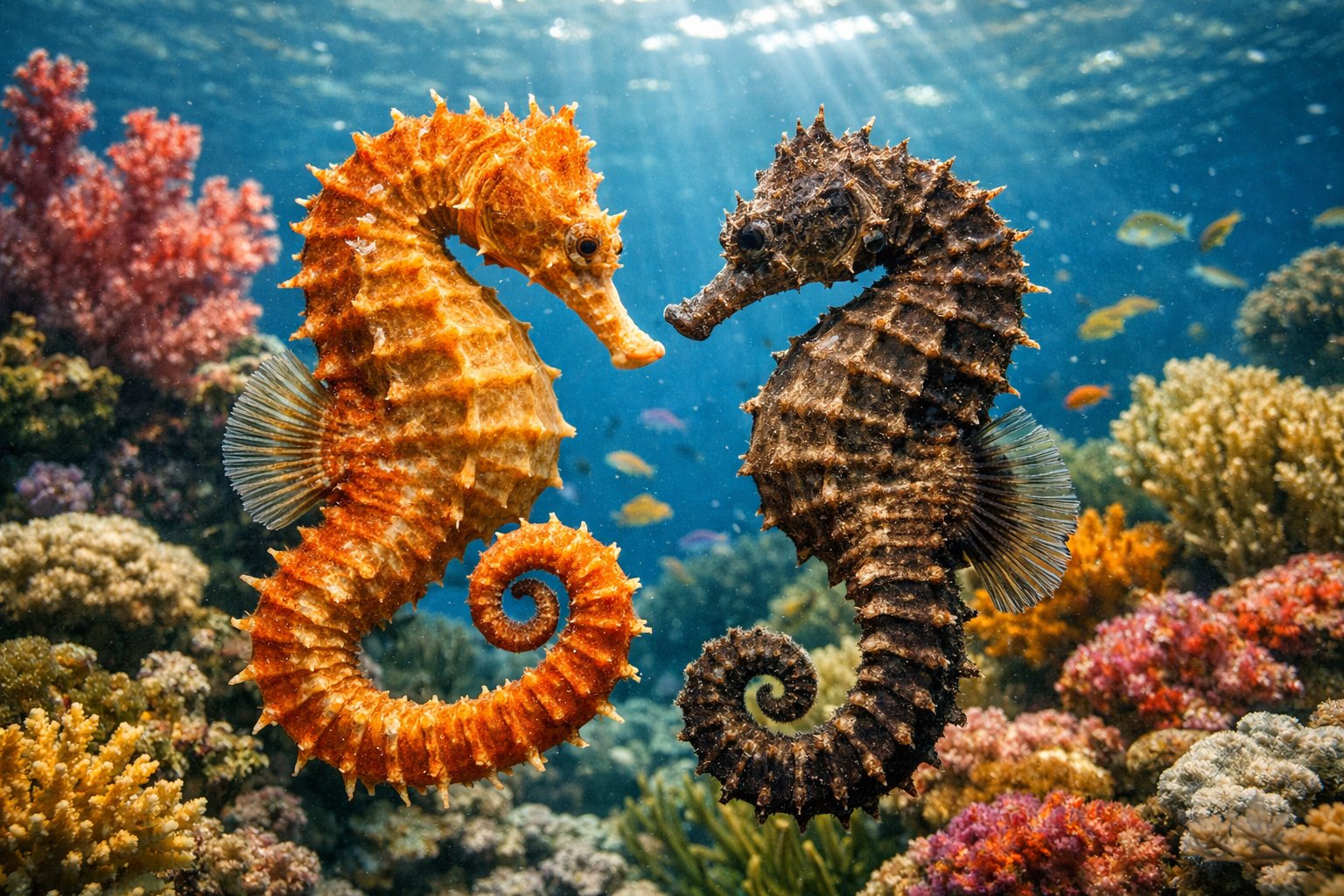 Two seahorses facing each other closely in a colorful coral reef underwater scene.