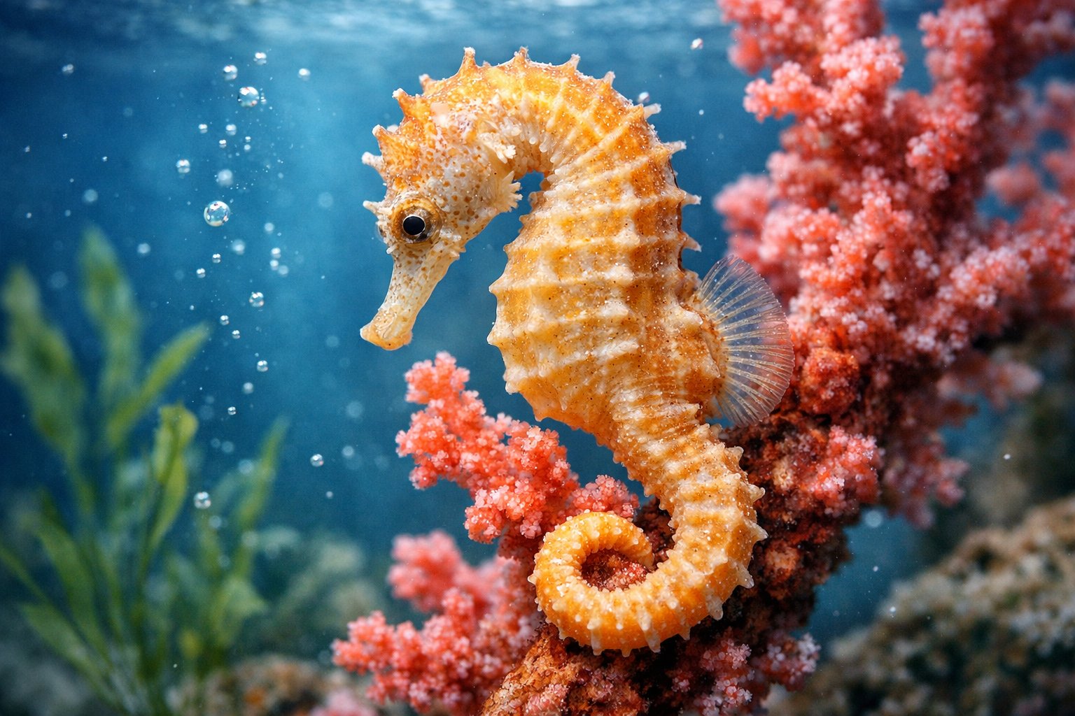 A close-up of a seahorse clinging to coral underwater with clear blue water and sunlight.