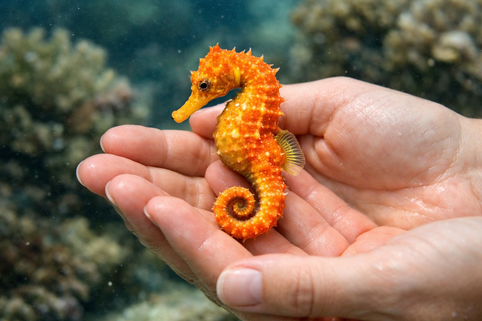 Close-up of human hands gently holding a small seahorse underwater with coral in the background.