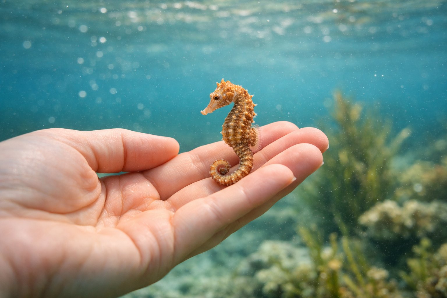 A human hand gently holding a small seahorse underwater in a clear ocean setting.