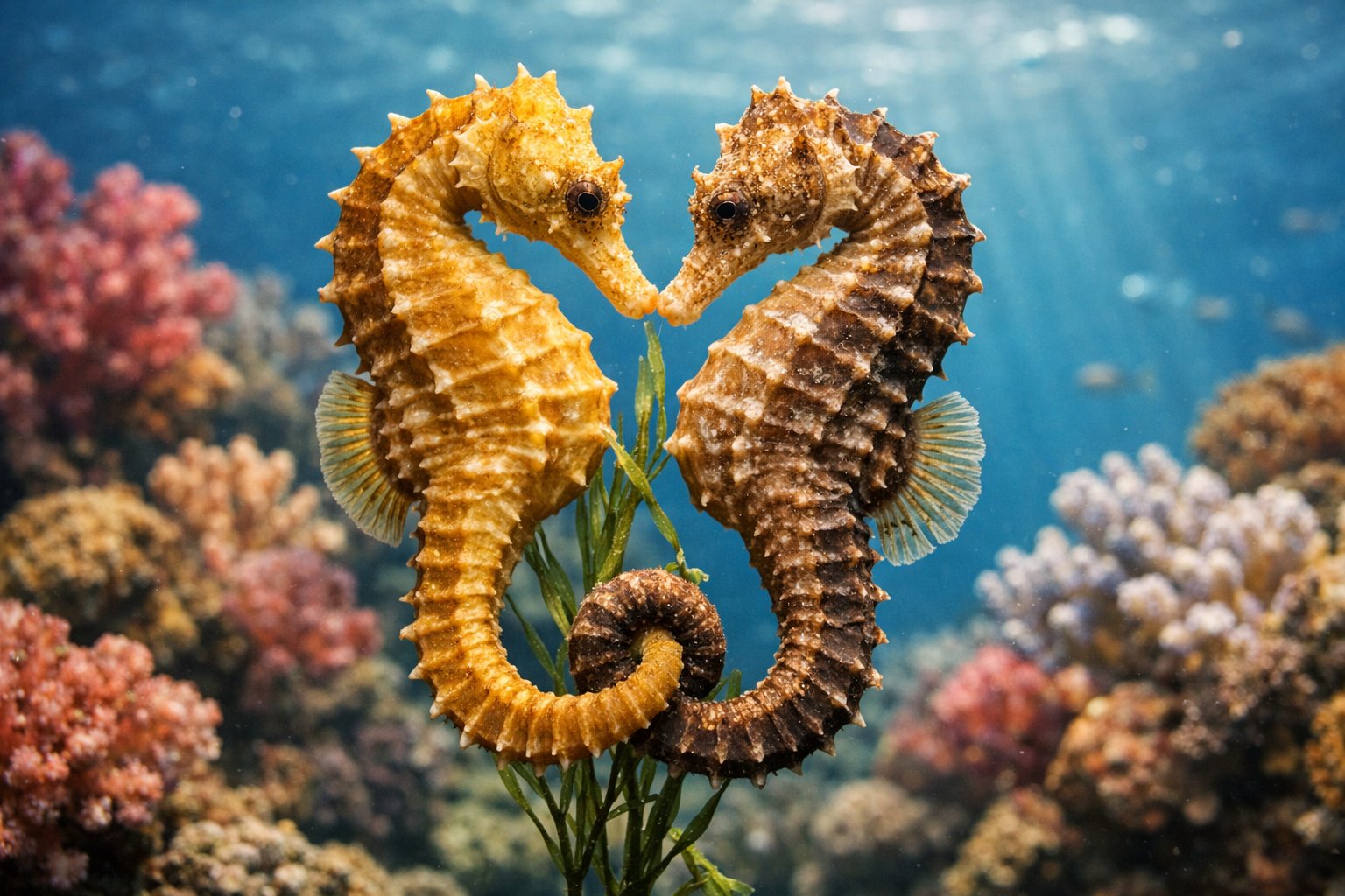 Two seahorses intertwined underwater near colorful coral in clear blue water.