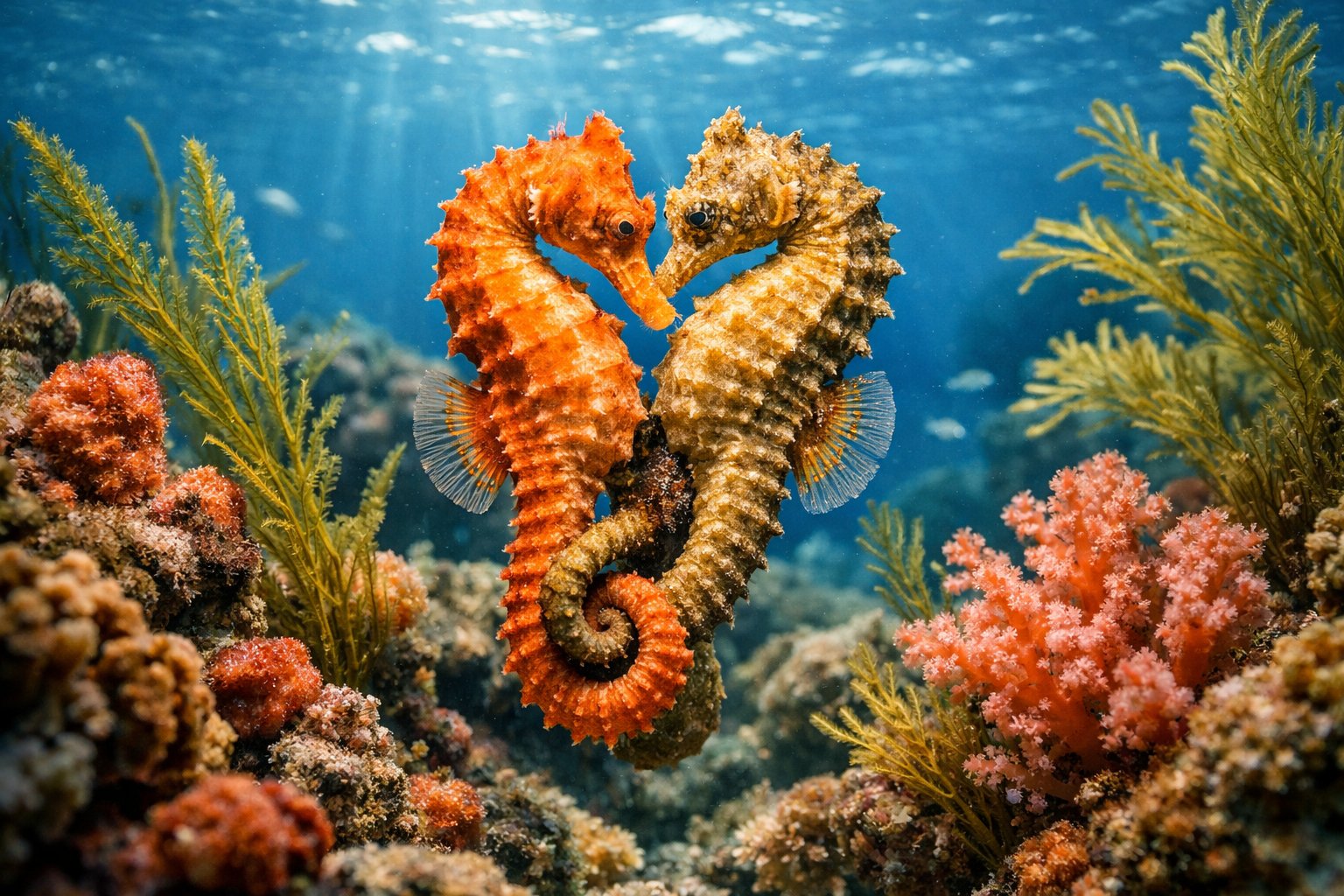 Two seahorses entwined together underwater among coral and seaweed.