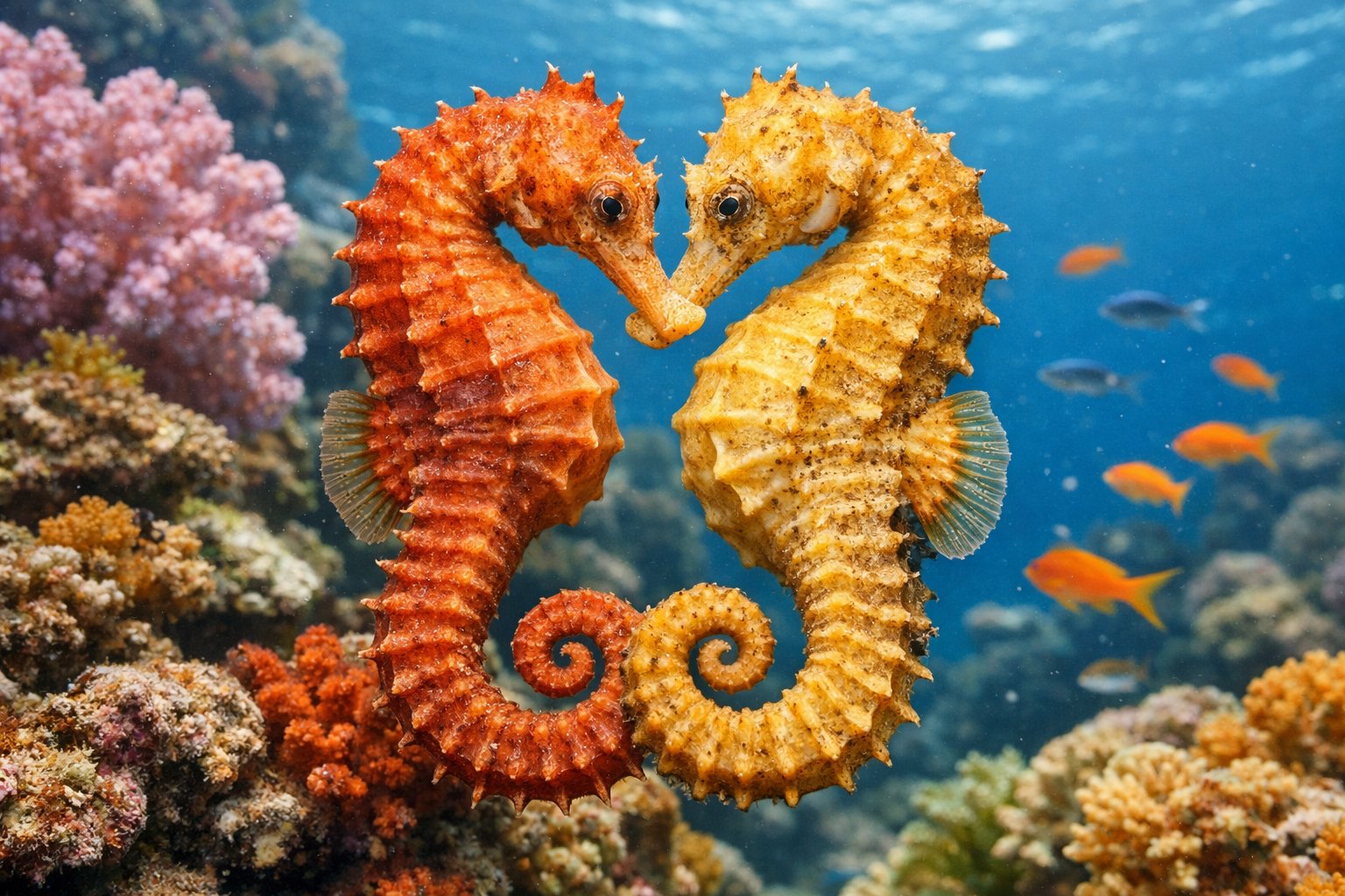 Two seahorses swimming close together among colorful coral underwater.