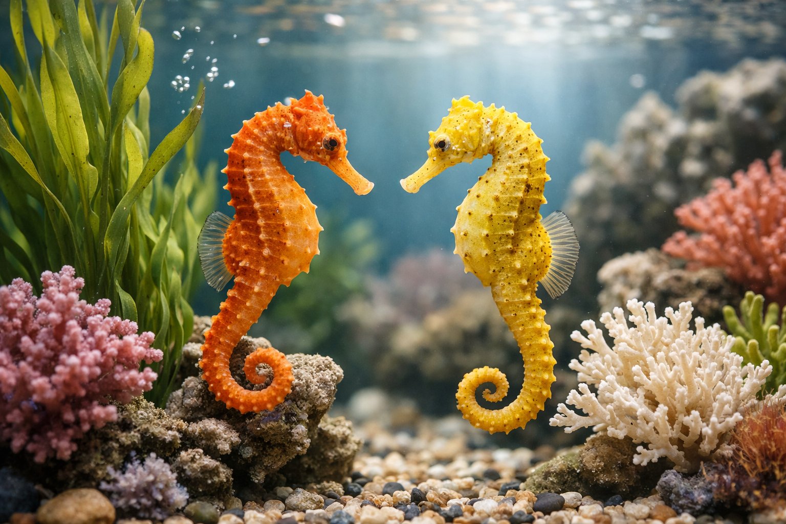A home aquarium with two colorful seahorses swimming among aquatic plants and coral decorations.