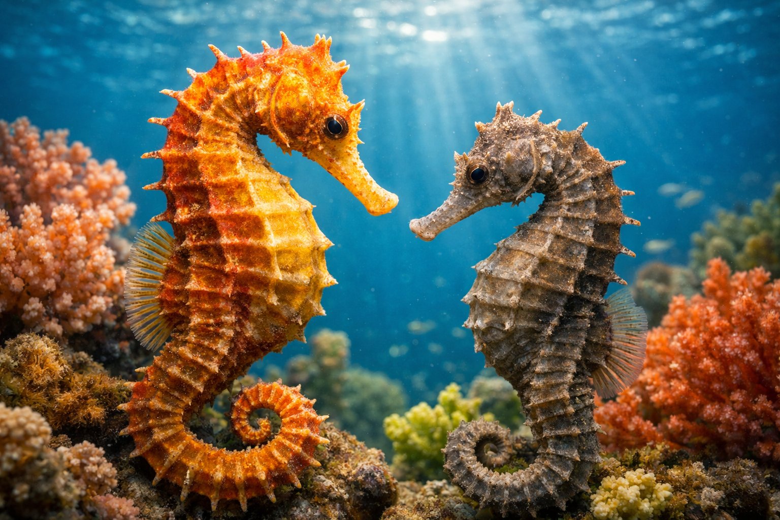 Two seahorses facing each other underwater among colorful coral and clear blue water.