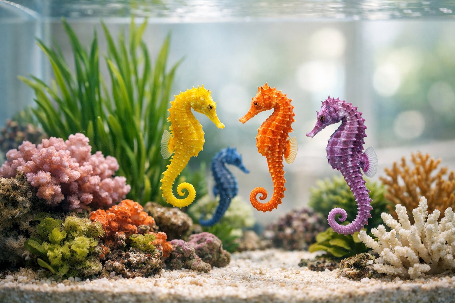 A clear aquarium with colorful seahorses swimming among aquatic plants and coral.
