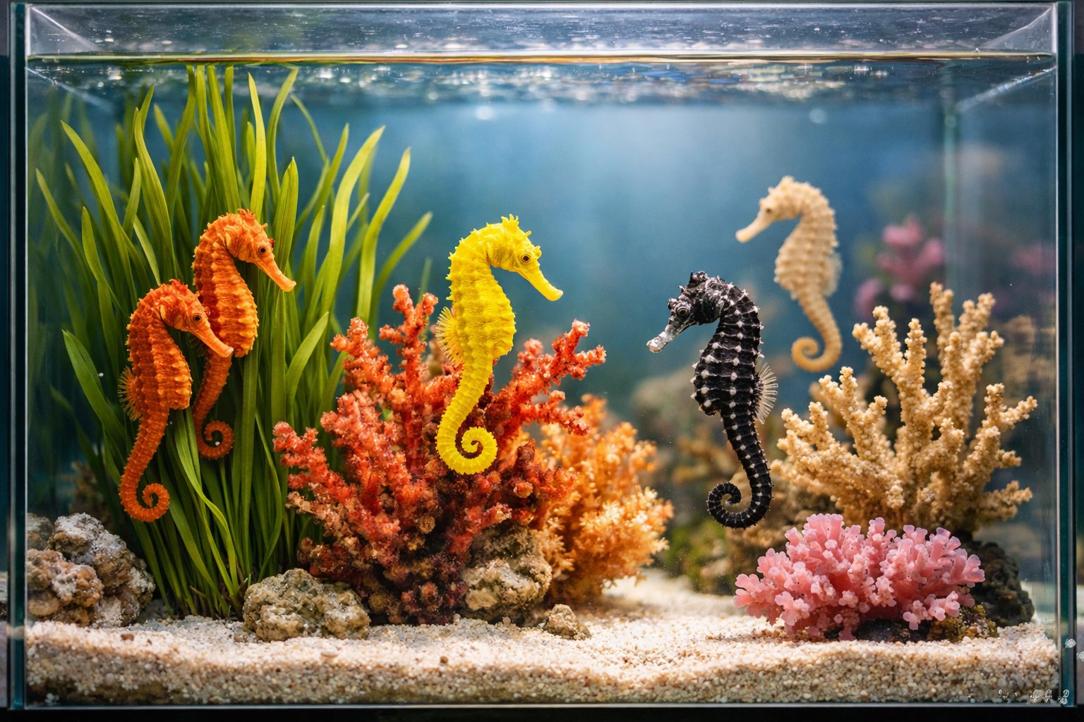 A home aquarium with seahorses swimming among aquatic plants in clear water.