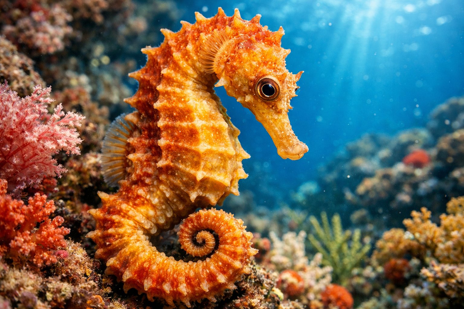 A close-up underwater image of a seahorse among colorful coral and sea plants.