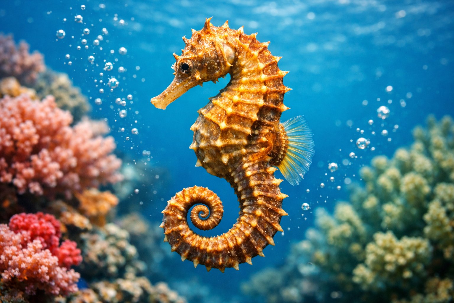 A close-up underwater view of a seahorse swimming near coral reefs with its curled tail visible.