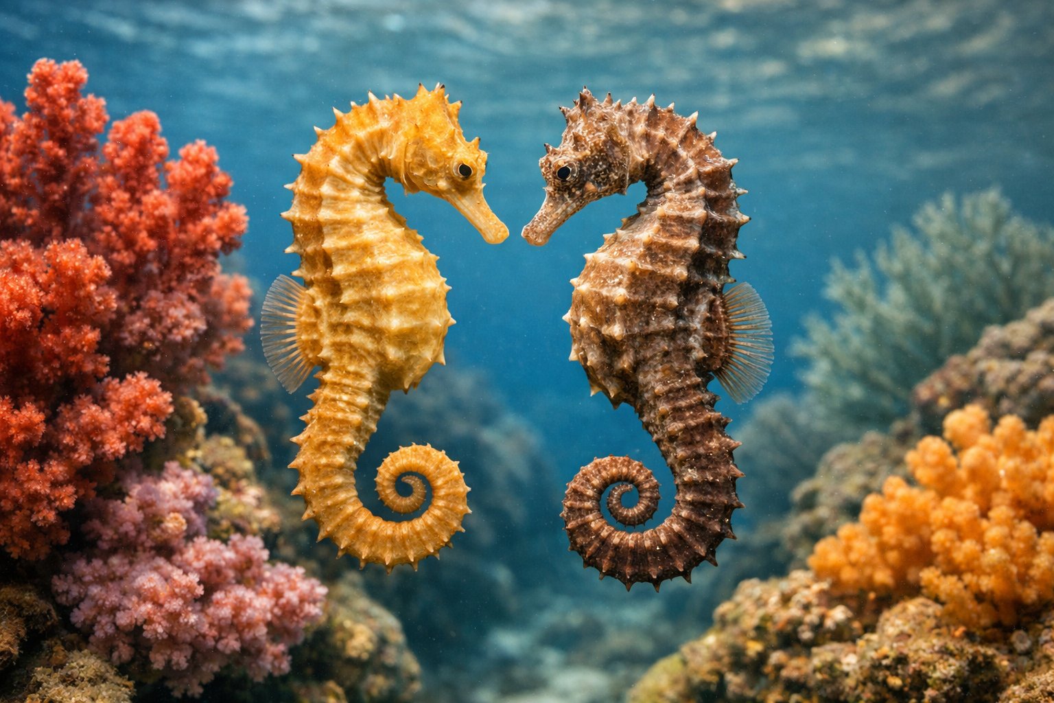 Two seahorses floating near colorful coral underwater.