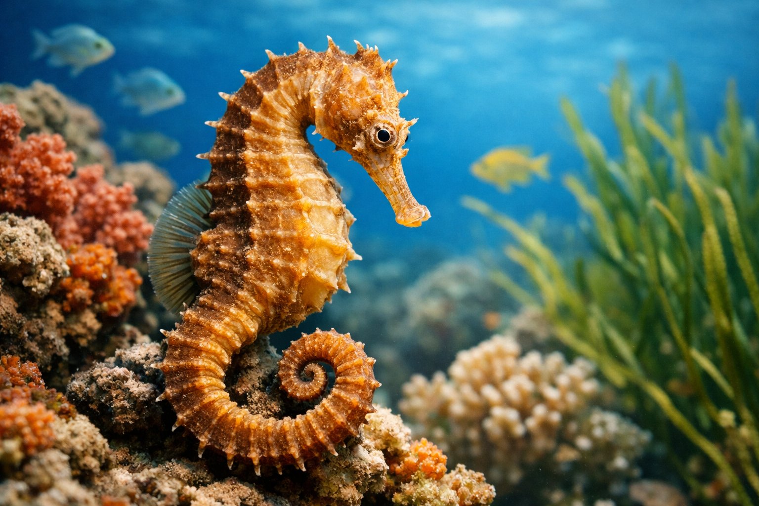 Close-up underwater view of a seahorse among coral and seaweed in a marine environment.