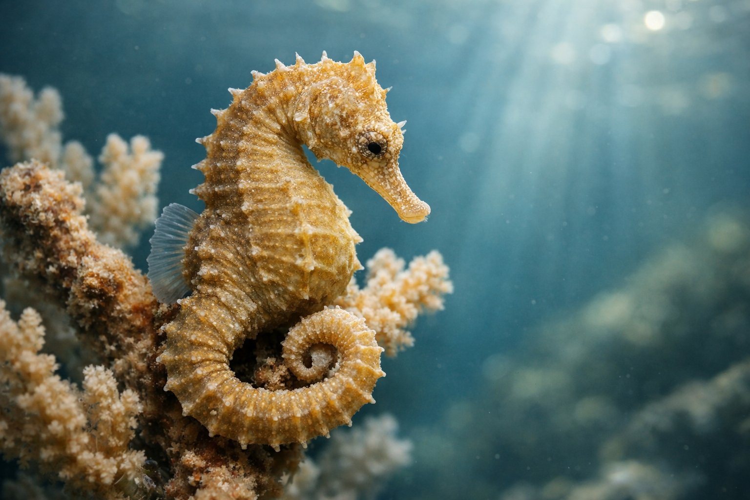 A close-up of a seahorse resting underwater, curled around coral with sunlight filtering through the water.