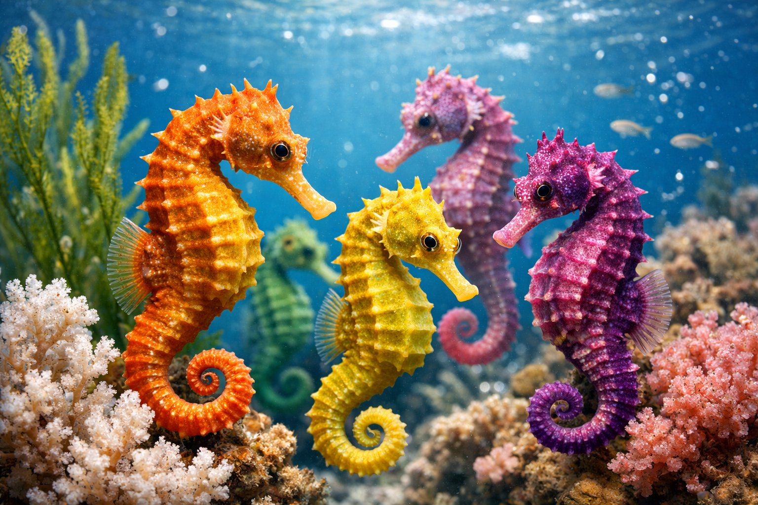 Several seahorses swimming near coral and seaweed underwater in clear blue water.