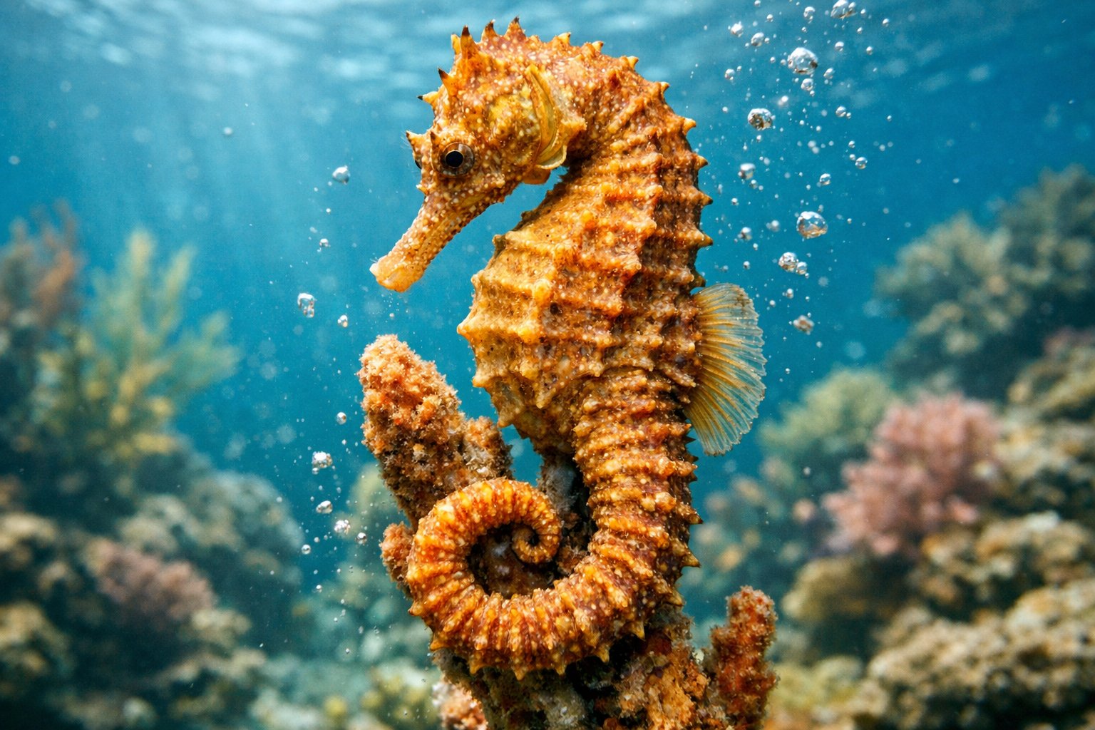 A close-up of a seahorse clinging to coral underwater in a clear ocean with marine plants around it.