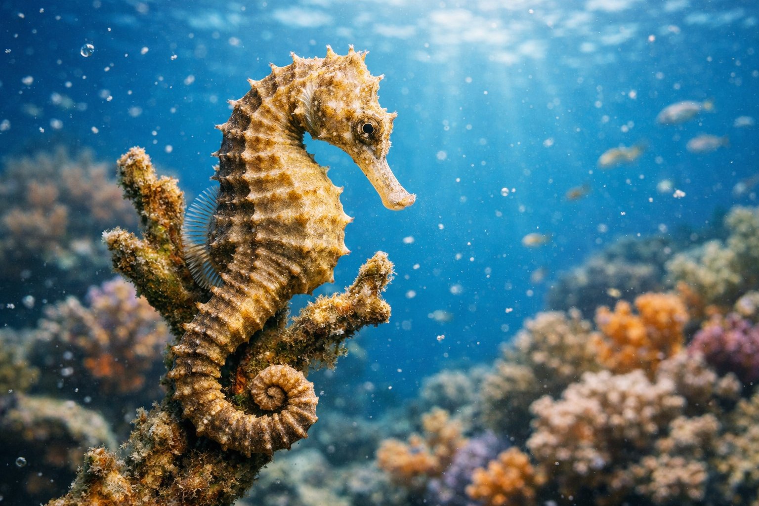 A seahorse clinging to coral underwater in a clear blue ocean surrounded by coral reef and small fish.