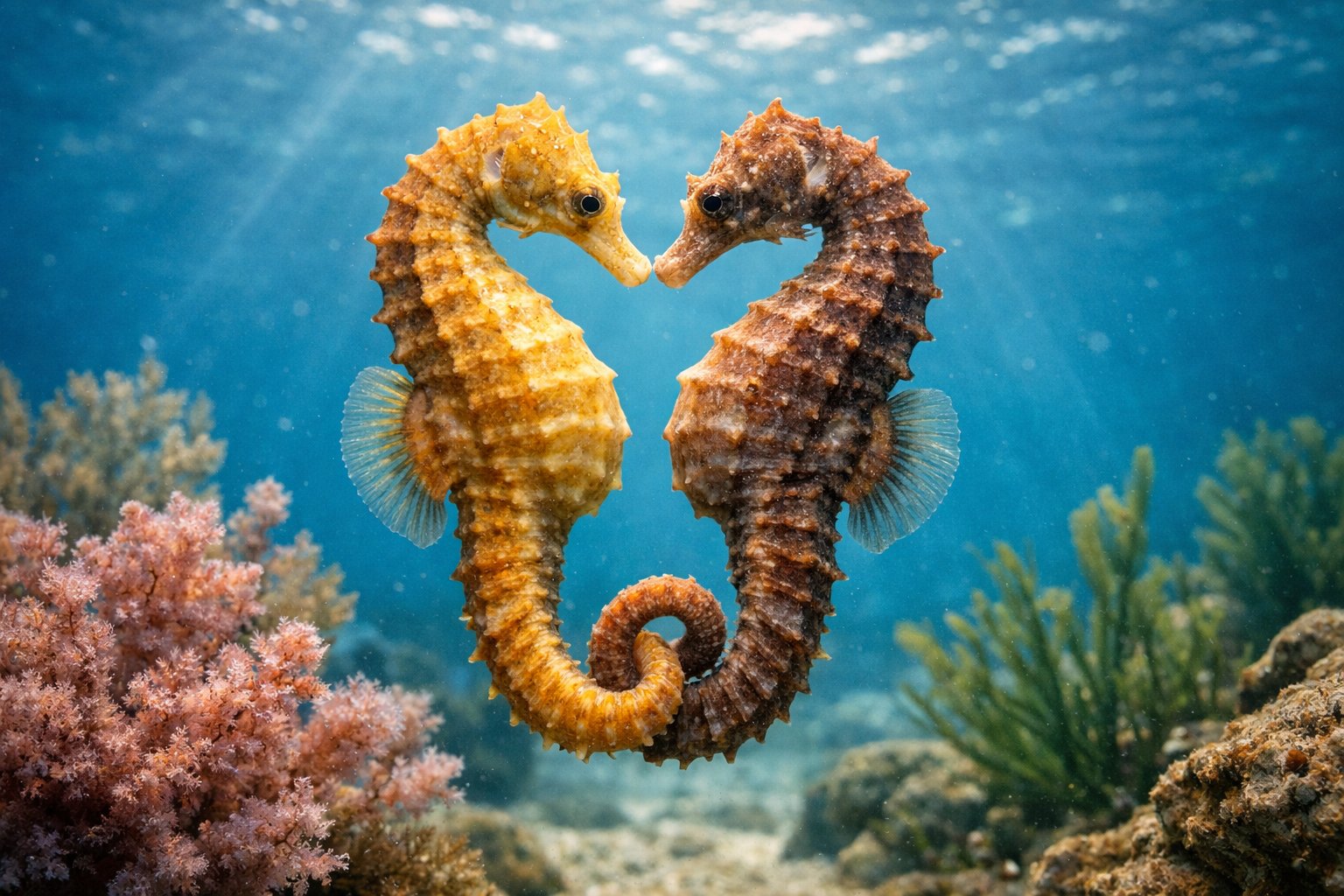 Two seahorses intertwined underwater among coral and plants.