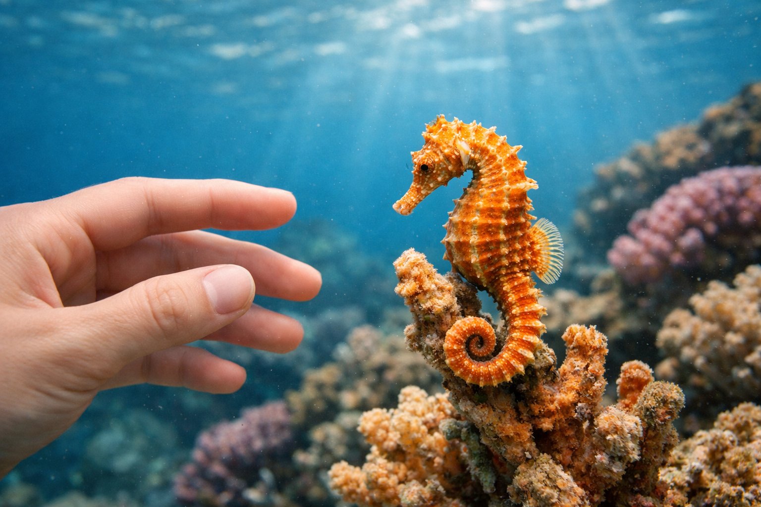 A human hand gently reaching towards a small seahorse attached to coral underwater.