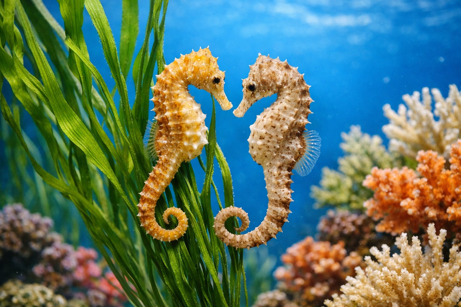 Two seahorses clinging to underwater plants in a clear blue aquarium with surrounding seaweed and coral.