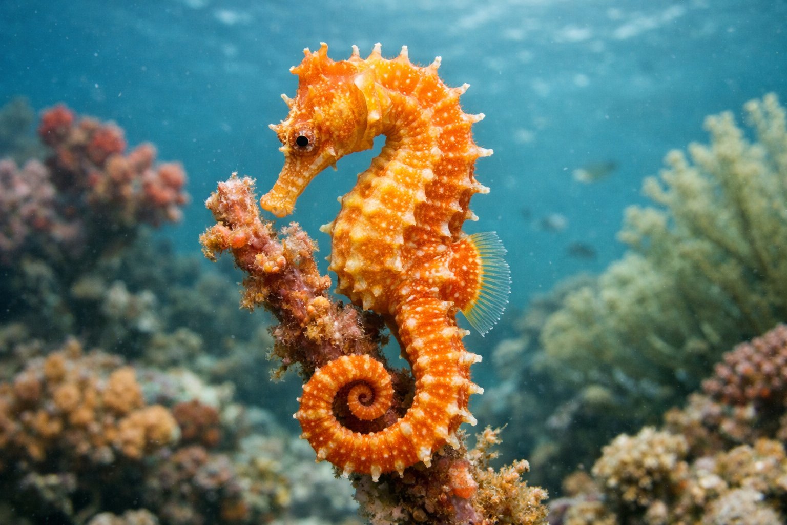 A close-up underwater view of a seahorse clinging to coral in a clear ocean environment.