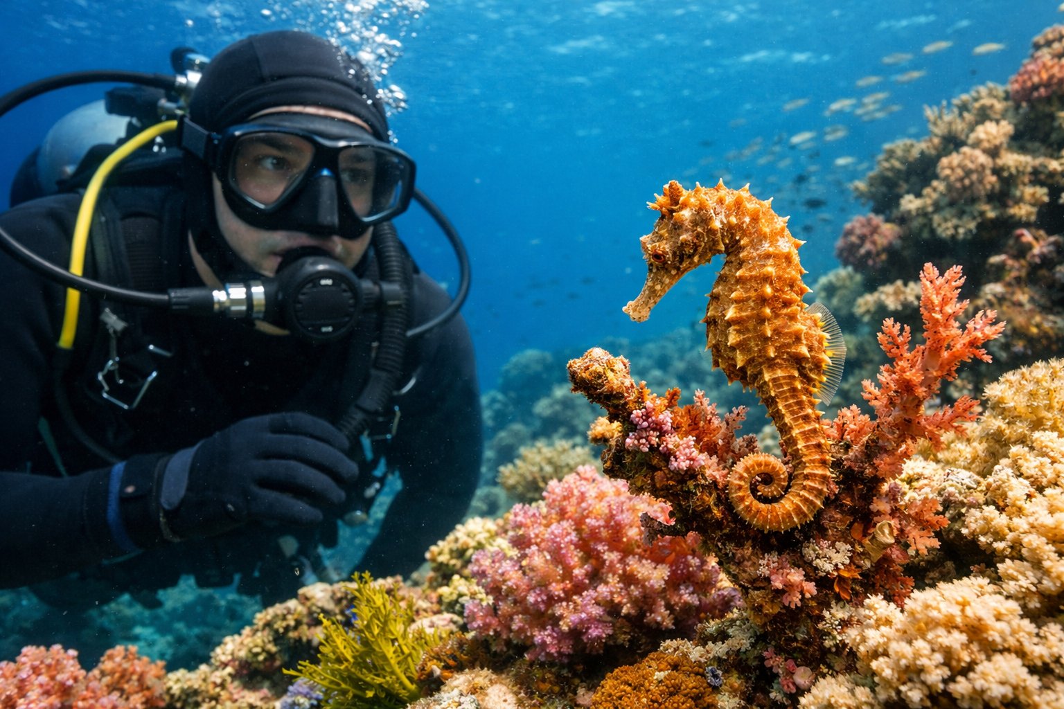 A diver underwater observing a seahorse attached to coral without touching it.