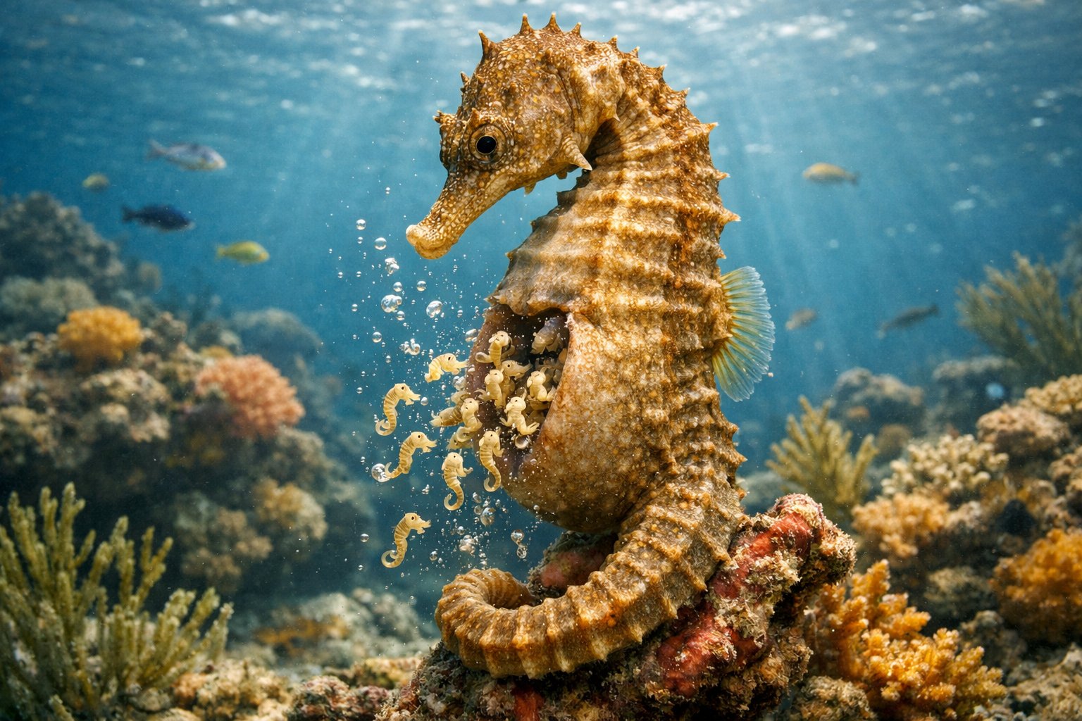 A male seahorse underwater releasing tiny newborn seahorses from its pouch near coral and small fish.
