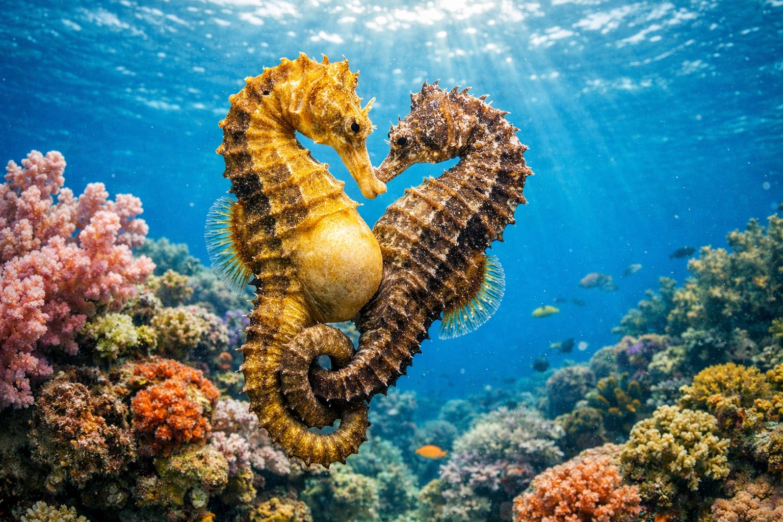 Two seahorses close together underwater near a coral reef, displaying their mating behavior.