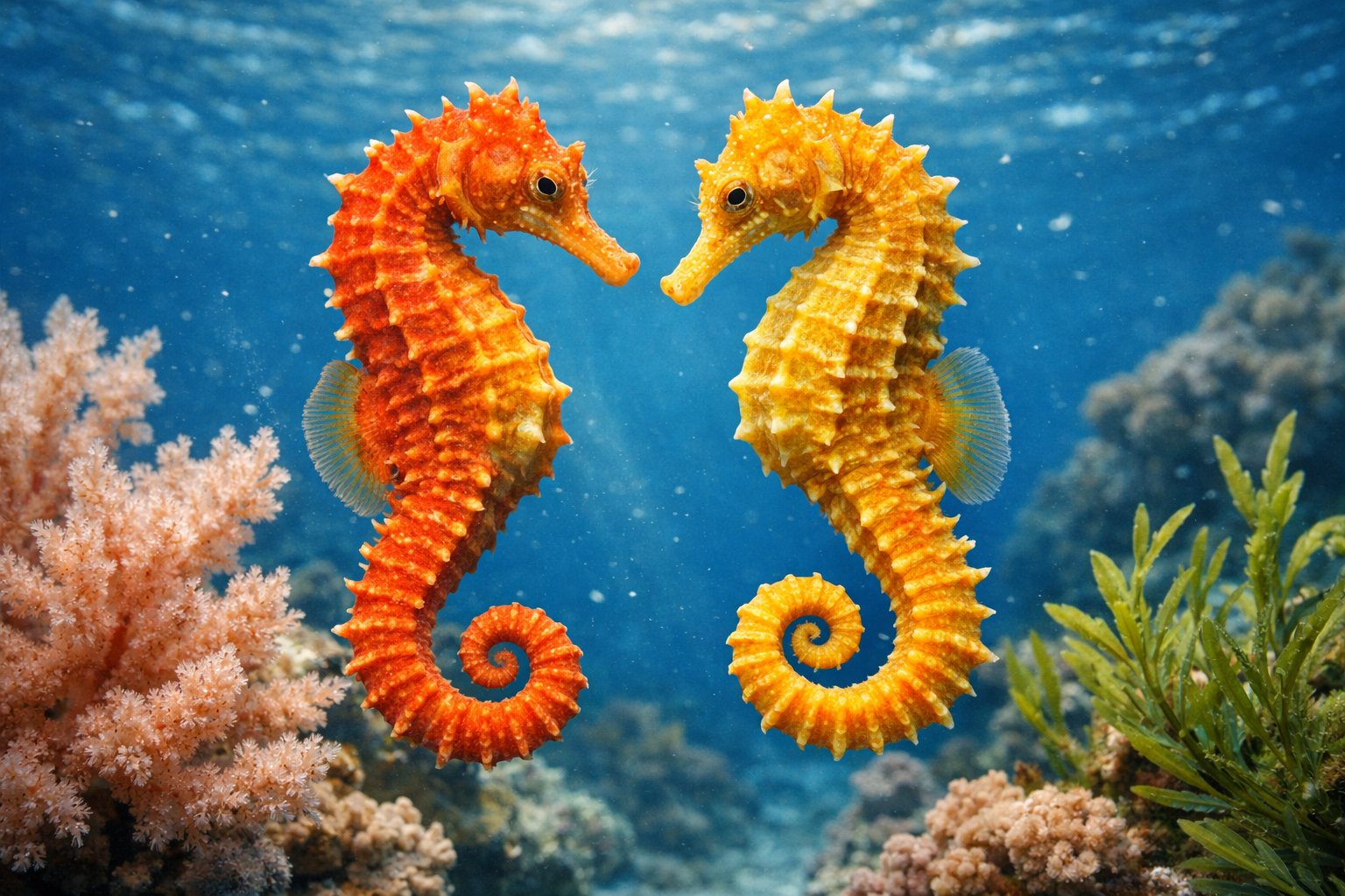 Two seahorses swimming among coral and aquatic plants in clear blue ocean water.