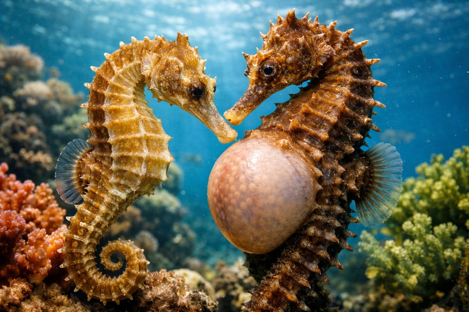 A close-up underwater view of a female and male seahorse near coral reefs, showing the male's brood pouch.