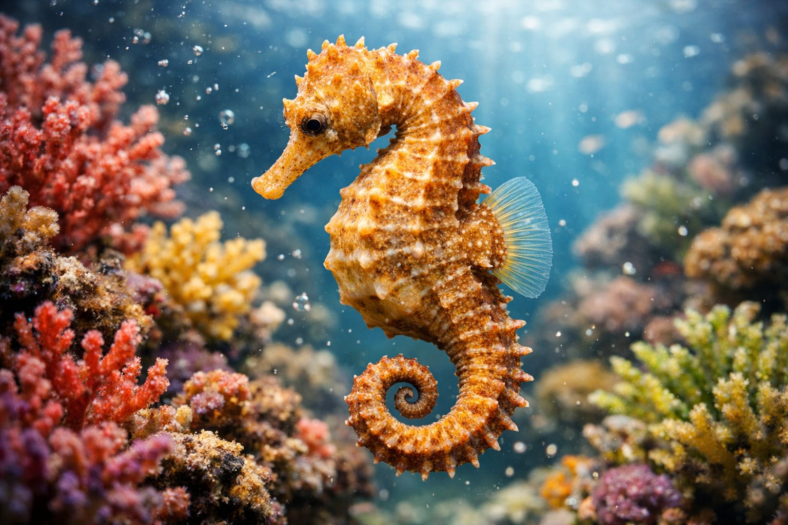 Close-up of a female seahorse swimming near colorful coral underwater.