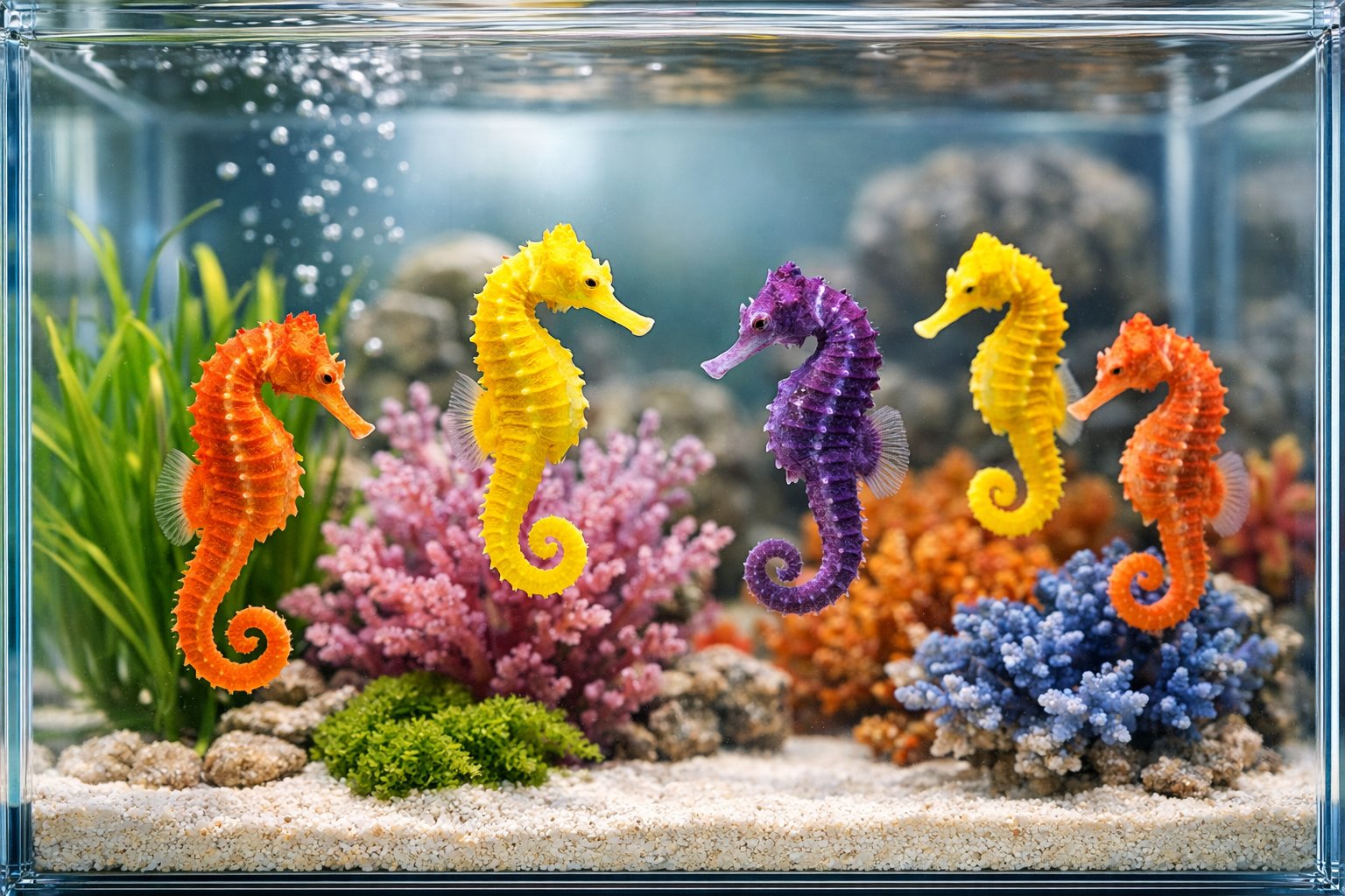 Several colorful seahorses swimming in a clear aquarium with aquatic plants and coral.