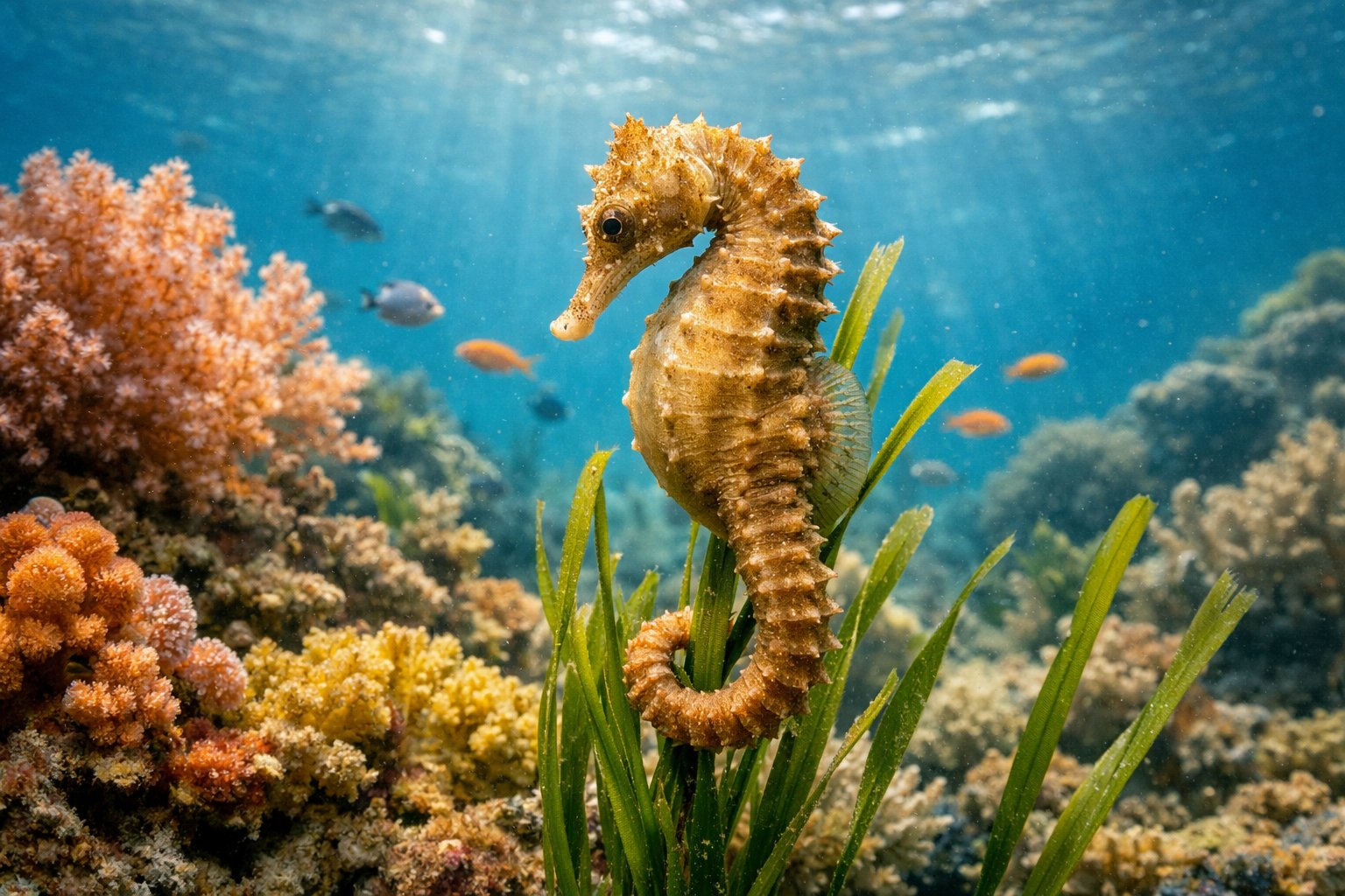 A female seahorse clinging to coral underwater surrounded by colorful marine plants and small fish.