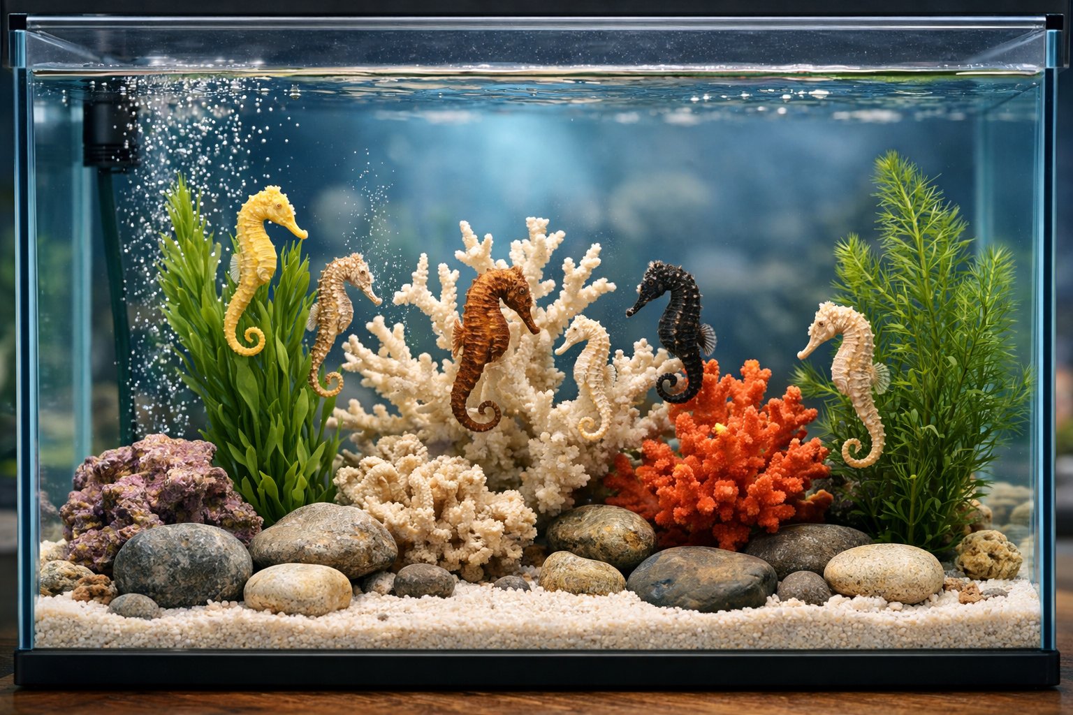 An aquarium with several seahorses swimming among aquatic plants and coral inside a clear glass tank.