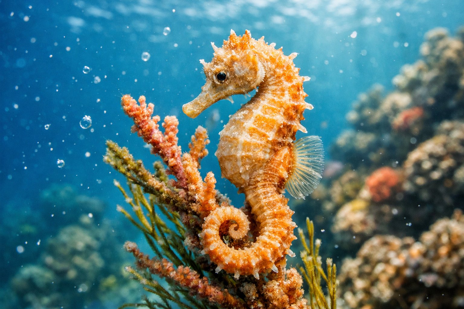 A close-up of a seahorse clinging to coral underwater with a blurred reef in the background.