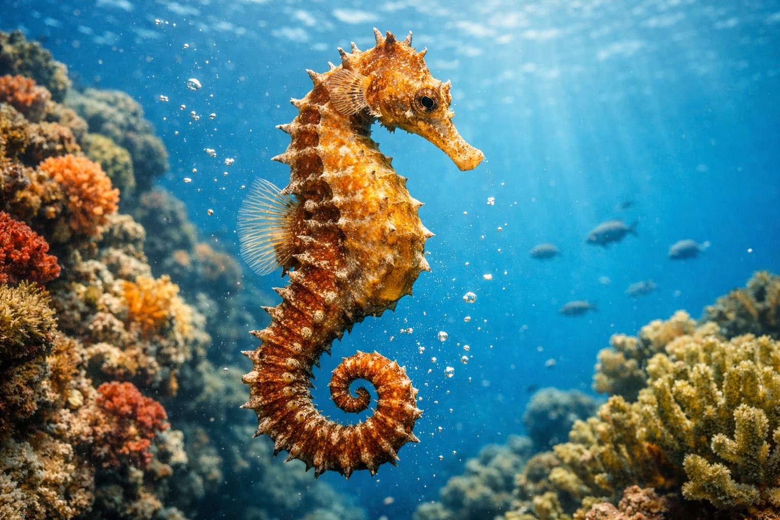 A seahorse swimming upright among coral reefs underwater with sunlight filtering through the water.
