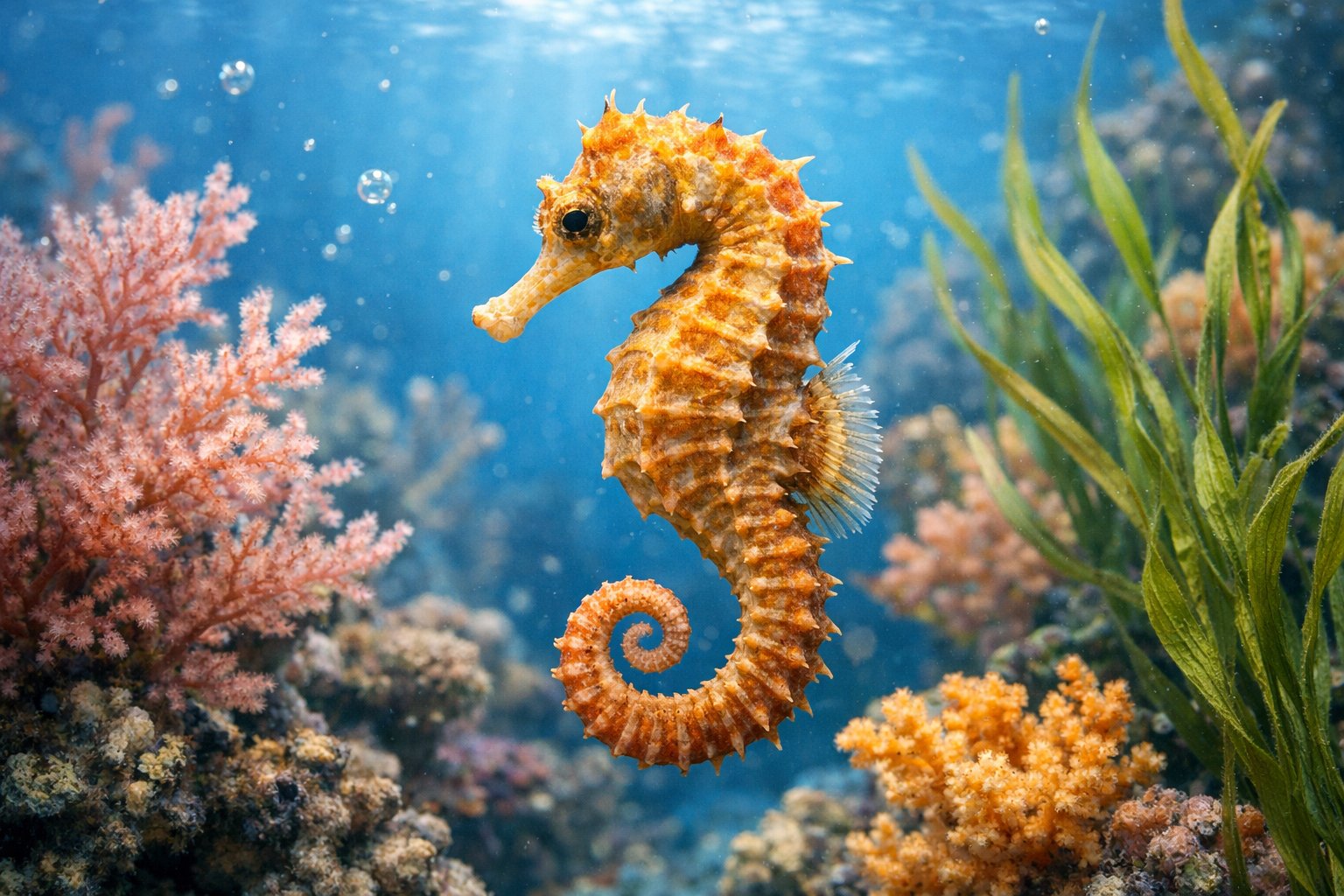 A close-up of a seahorse floating near coral reefs and seaweed underwater.