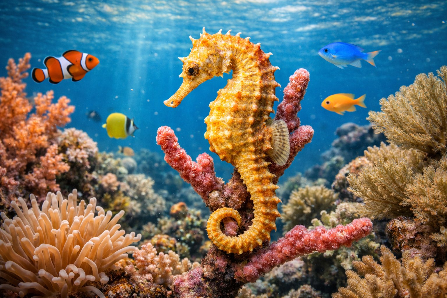 A seahorse clinging to coral underwater surrounded by small fish and sea plants.