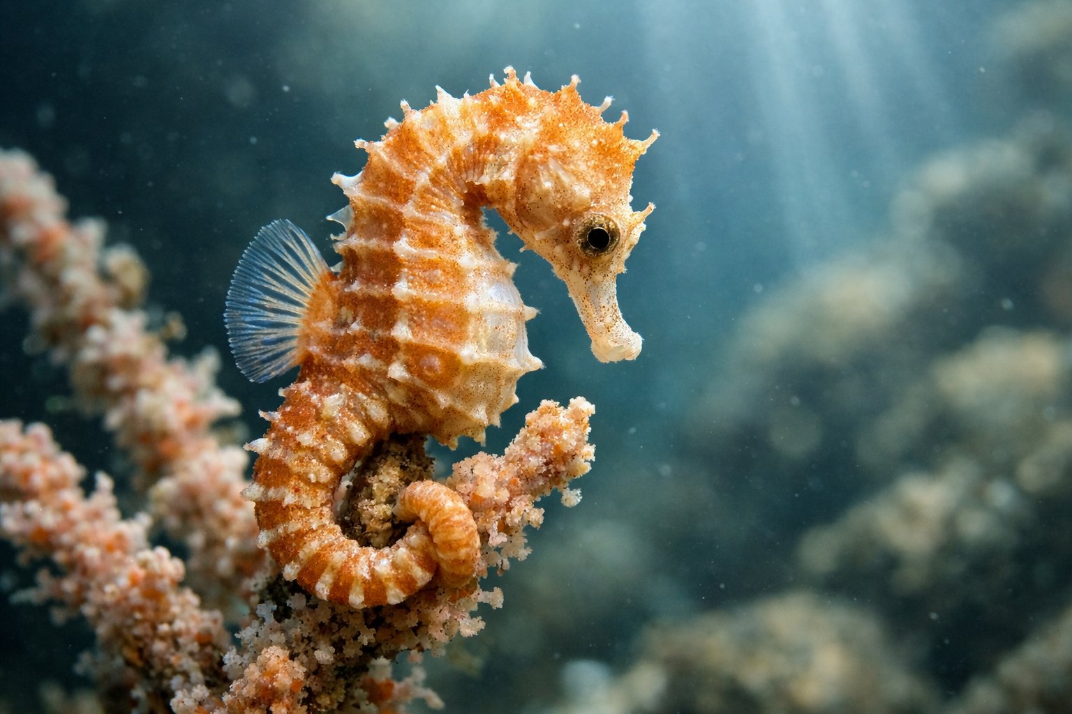 A close-up underwater image of a seahorse holding onto coral with soft light filtering through the water.