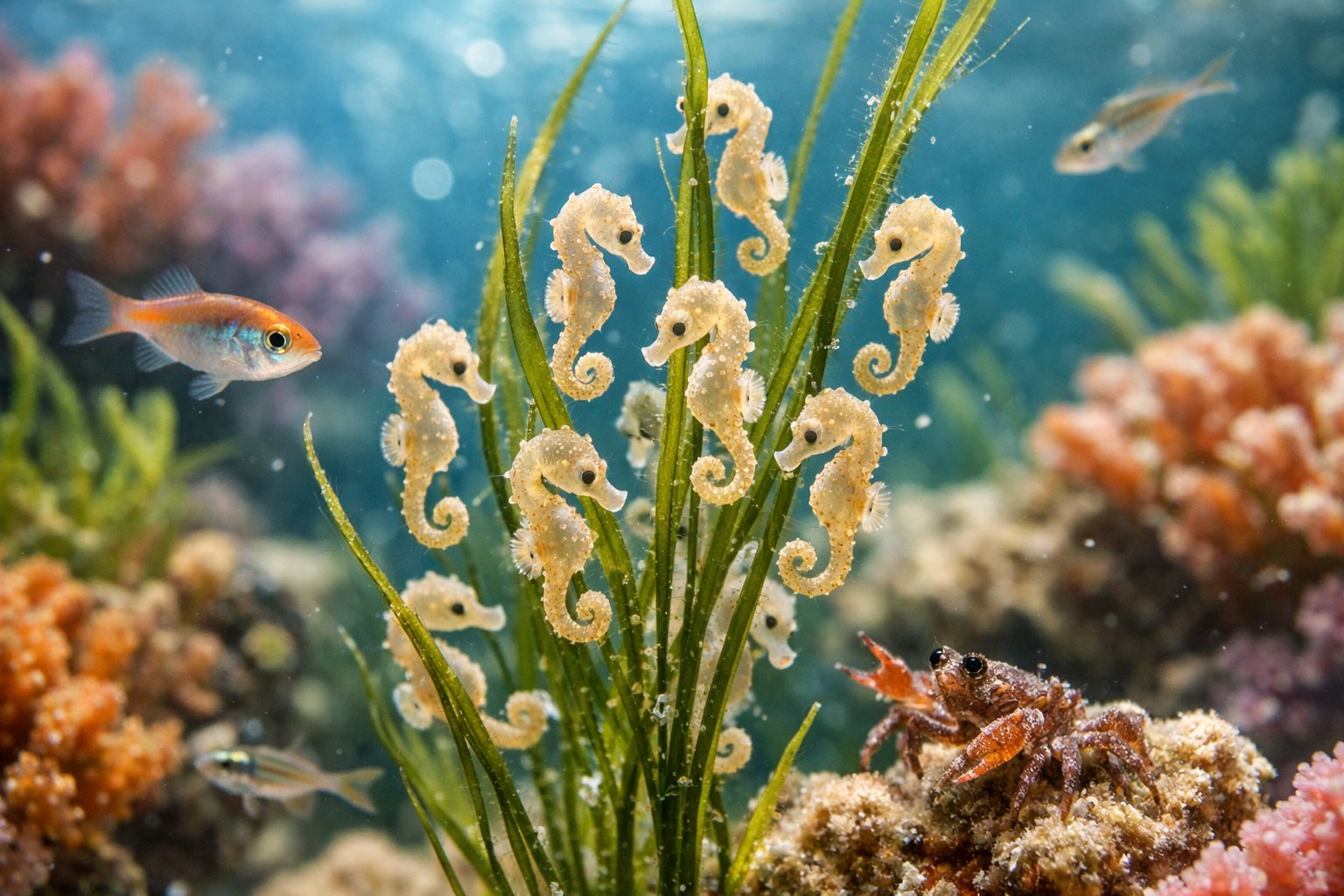 Close-up underwater view of baby seahorses clinging to seaweed in a coral reef with small fish and marine plants around them.