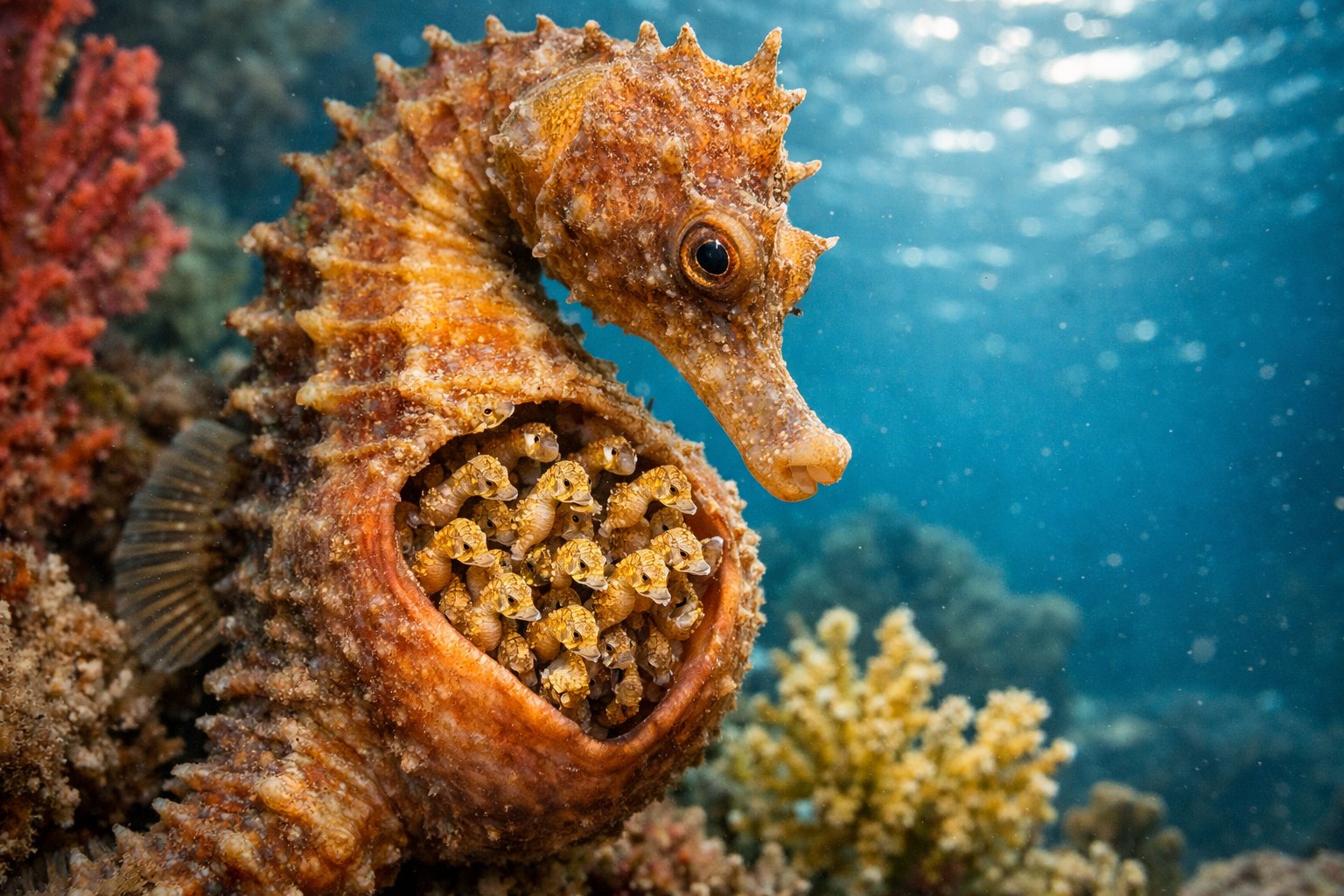 A male seahorse underwater holding tiny baby seahorses in its pouch near colorful coral.